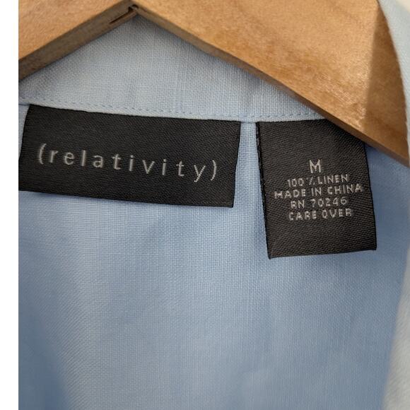 100% Linen Relativity Blue Button Down 3/4 Sleeve Women's Semi-Sheer Top Size M - Picture 4 of 5